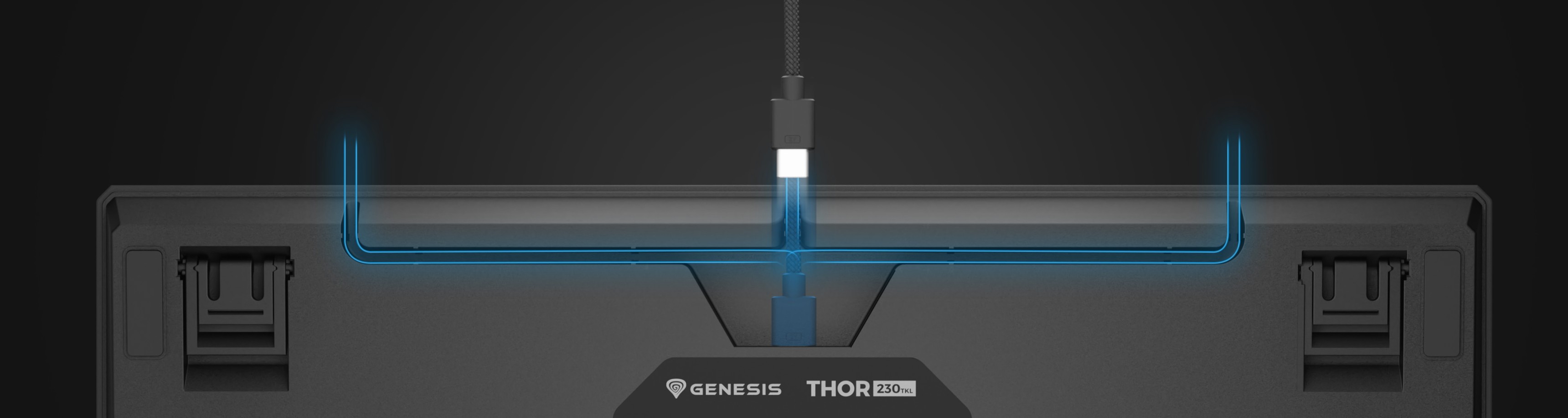 Pohled na mechanickou klávesnici Genesis Thor 230 TKL Lite s konektorem USB-C a přizpůsobitelným osvětlením RGB shora