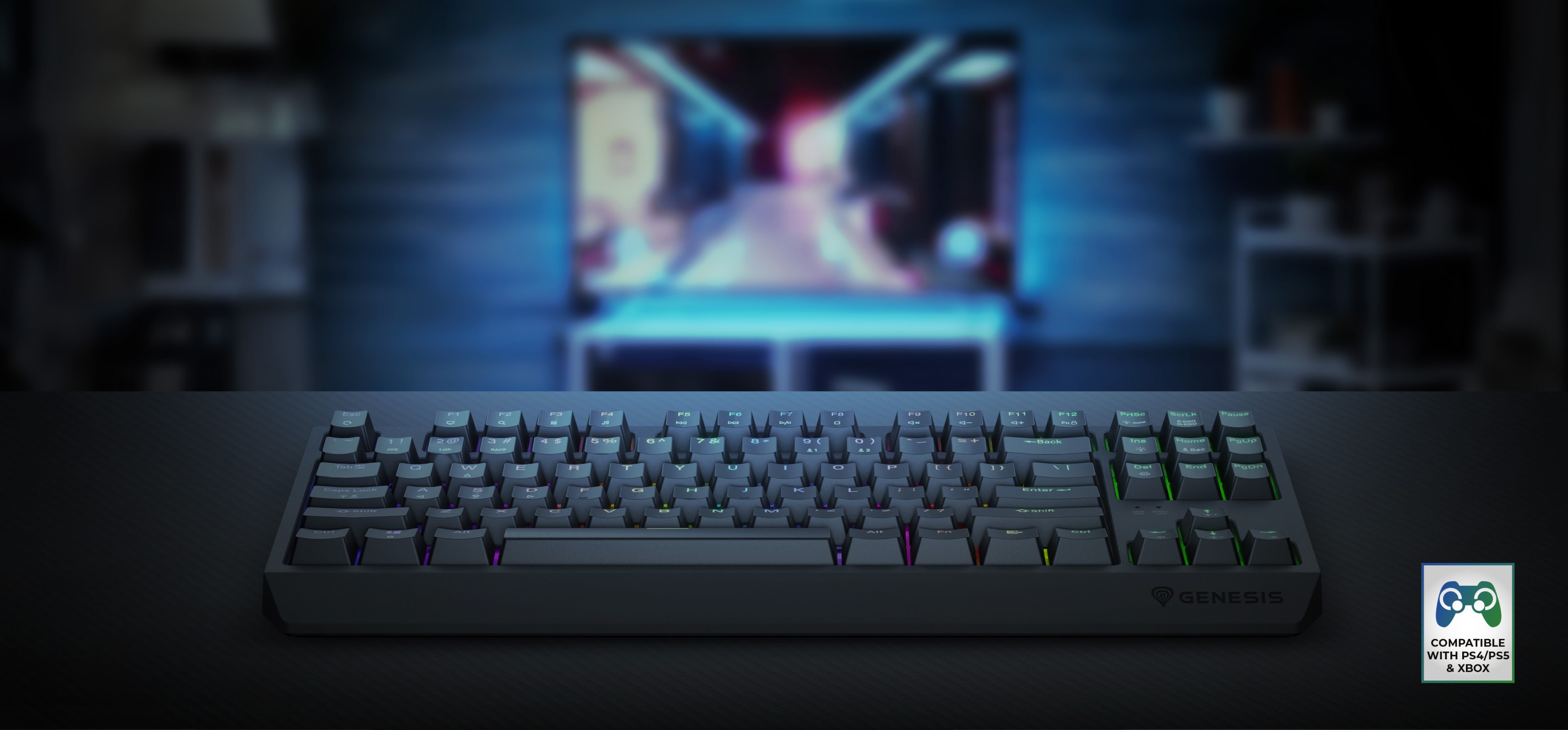 Bezdrátová mechanická herní klávesnice RGB se spínači Outemu, zobrazená na rozmazaném pozadí herní sestavy