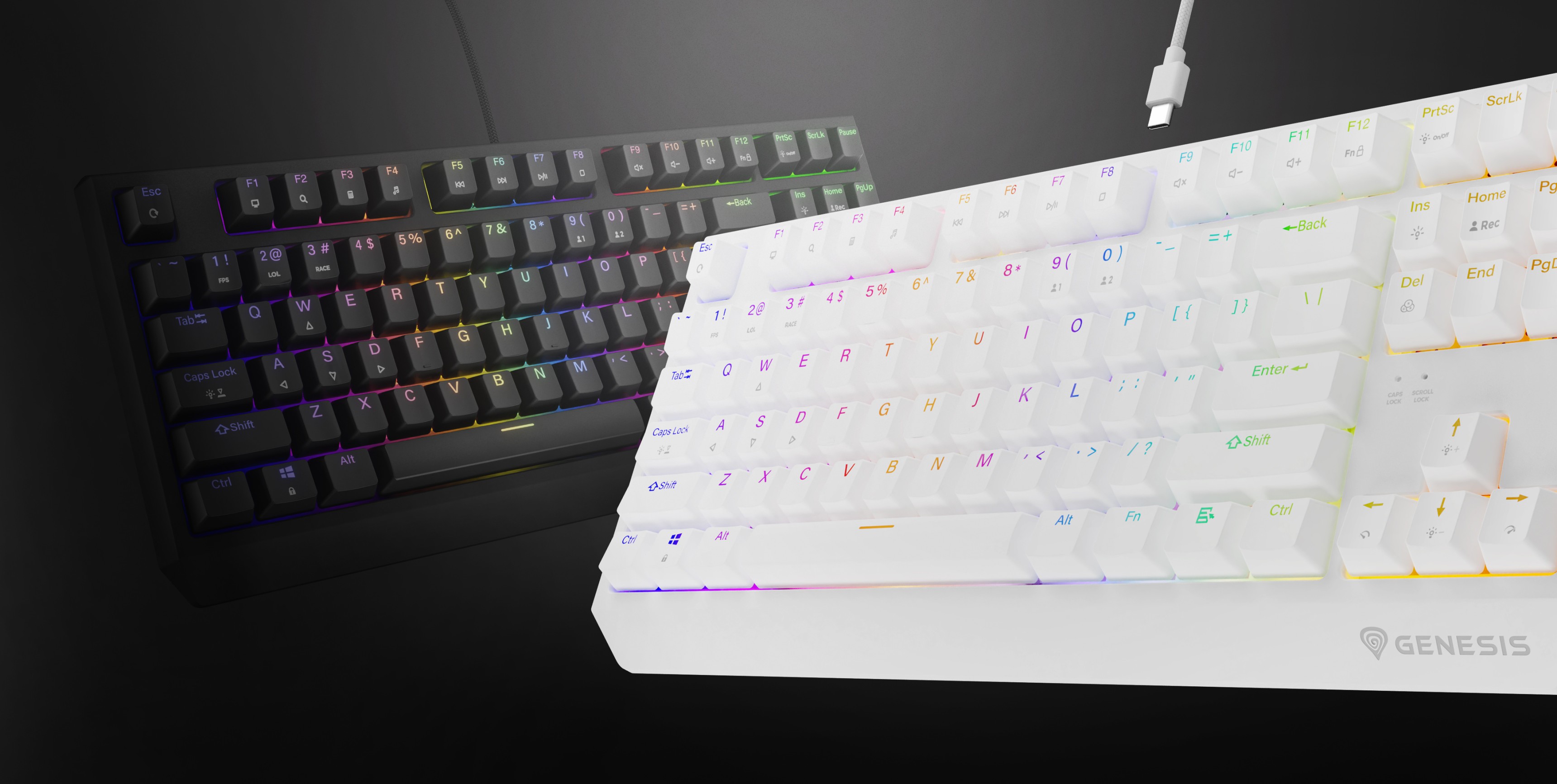 Mechanická klávesnice RGB s černými a bílými barevnými variantami, se spínači Outemu Red vyměnitelnými za provozu