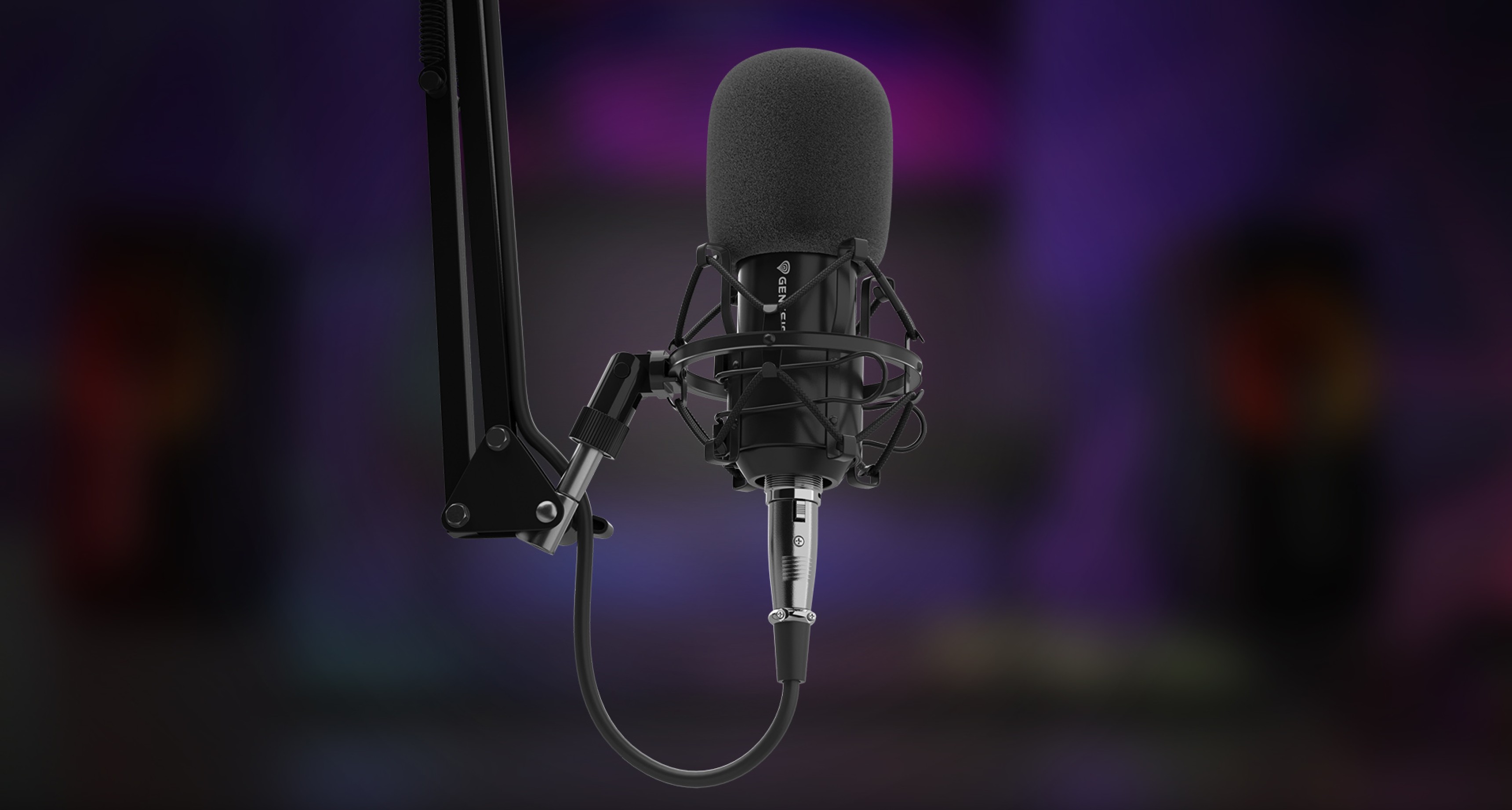 Profesionální mikrofon na nastavitelném rameni s pop filtrem a připojením XLR pro studiové použití.