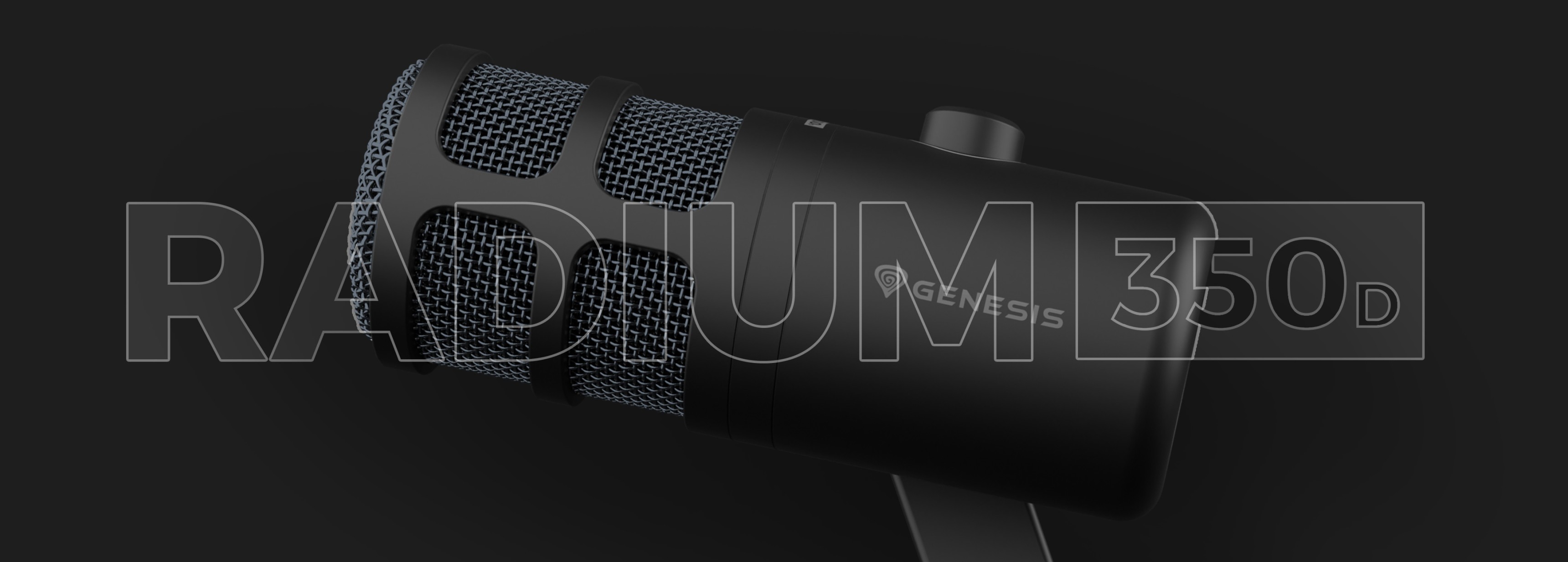 Dynamický USB mikrofon Genesis Radium 350D s elegantním černým designem a robustním síťovaným čelním sklem.