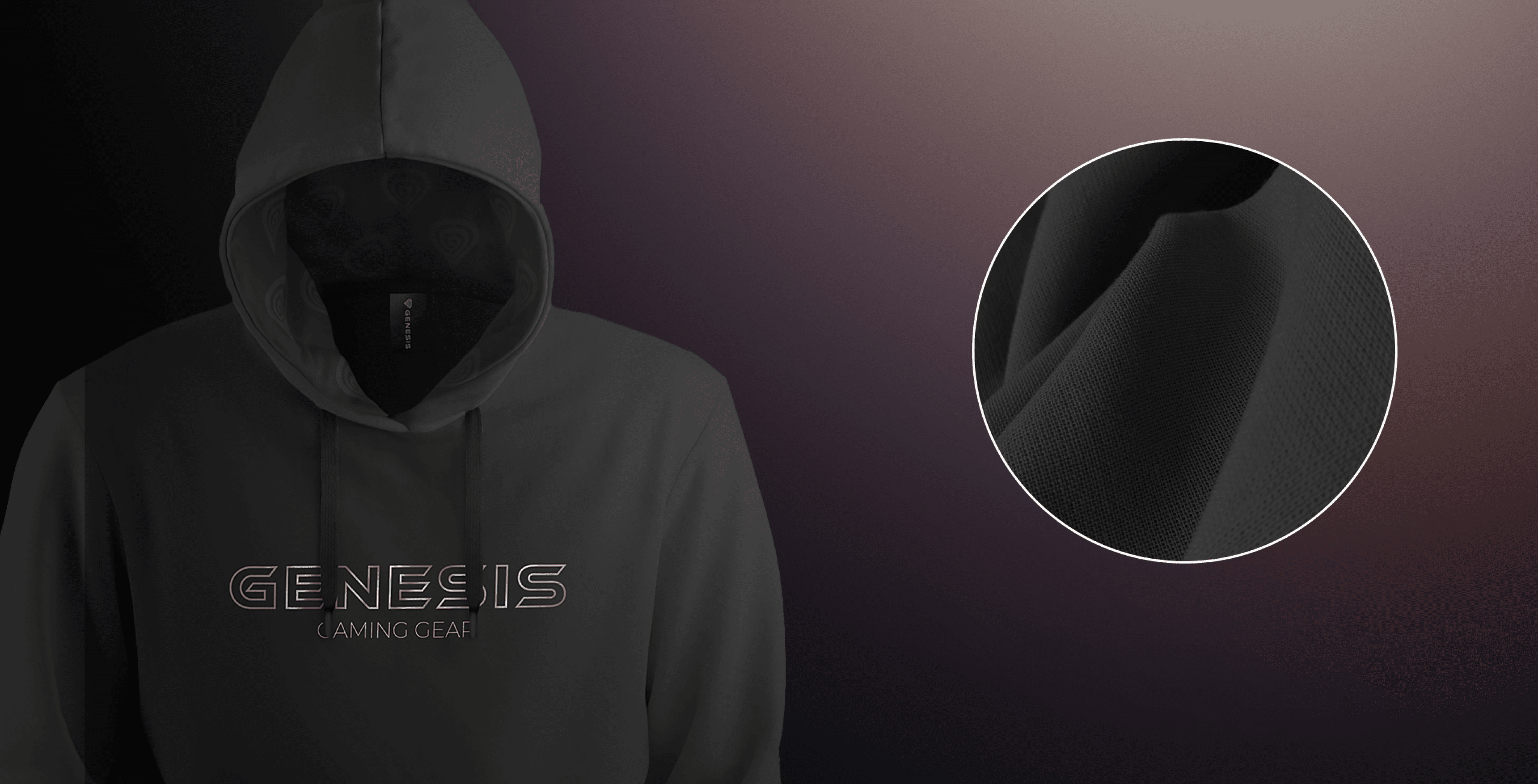 Mikina s kapucí a logem "GENESIS GAMING GEAR" v tmavě šedé barvě s detailním přiblížením materiálu.