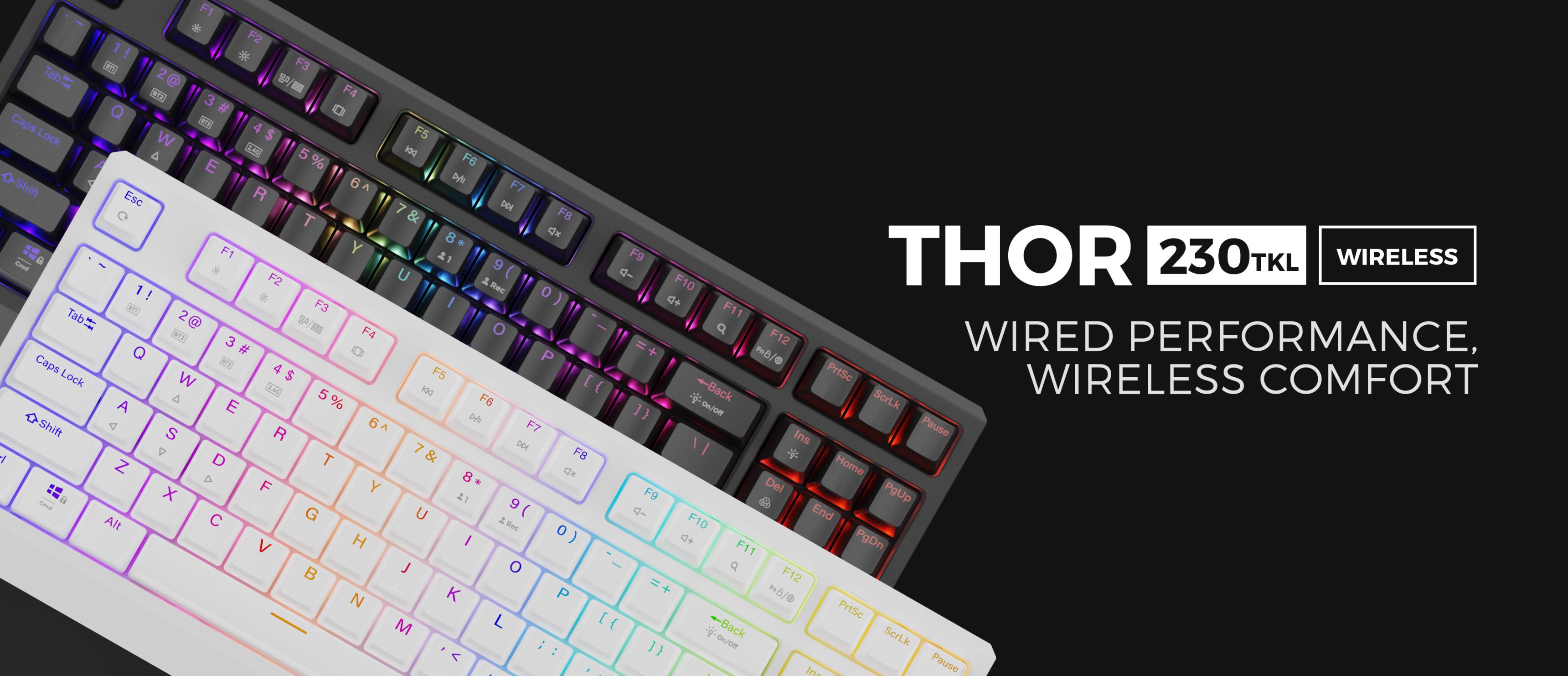 Bezdrátová mechanická herní klávesnice s podsvícením RGB, s kompaktním designem TKL v černé a bílé barvě.