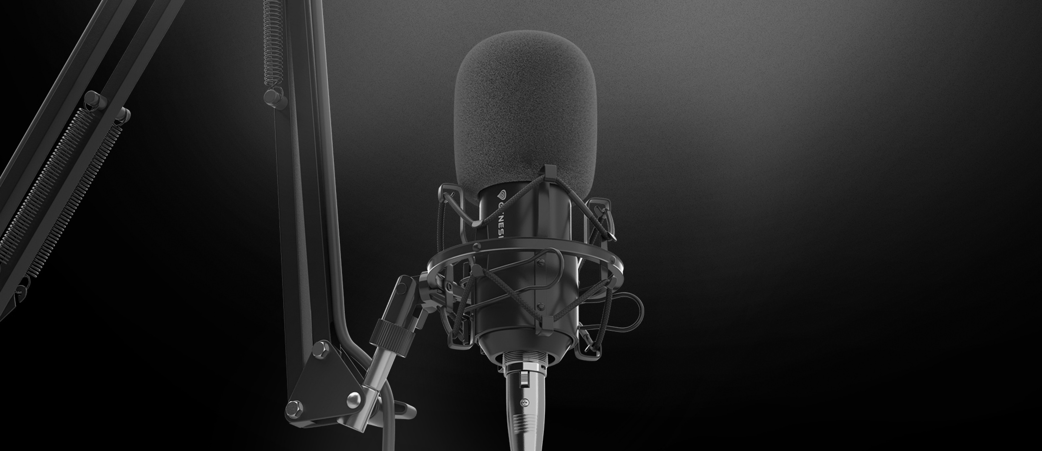 Profesionální mikrofon Genesis Radium 300 na nastavitelném rameni s pop filtrem pro redukci šumu.