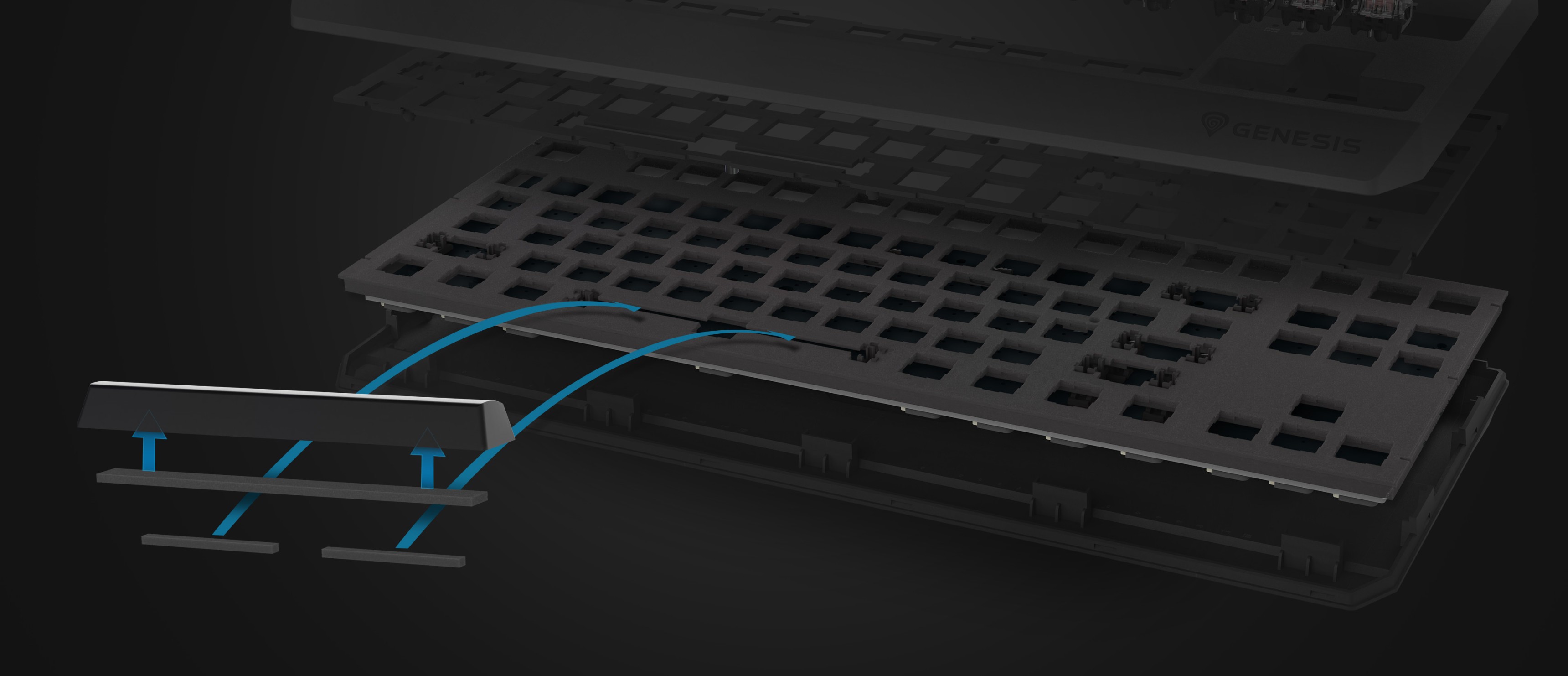 Detailní záběr mechanické klávesnice Genesis Thor 230 TKL Lite s možností výměny kláves za provozu a černým designem