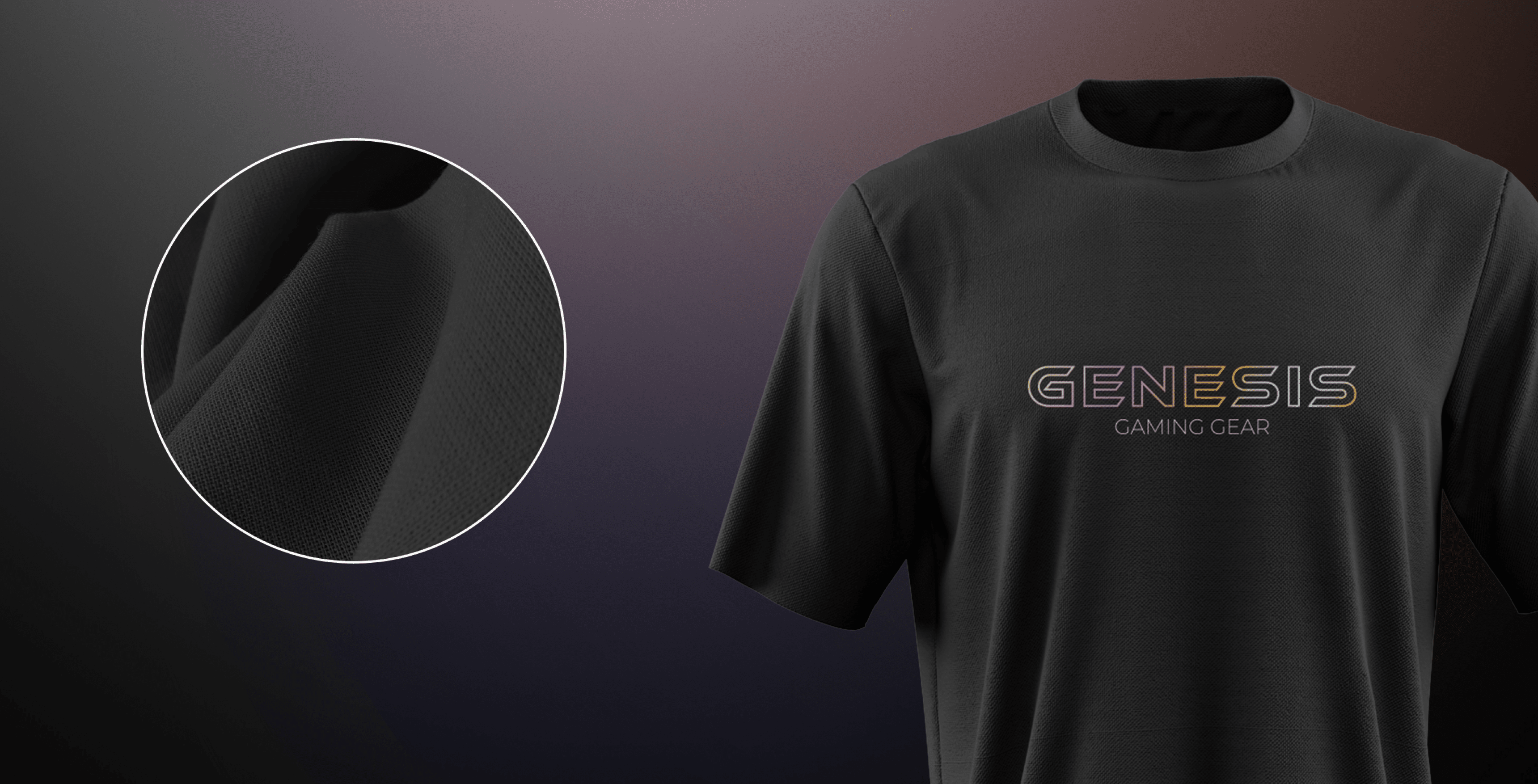 Černé tričko s barevným holografickým nápisem "GENESIS GAMING GEAR". Detailní záběr na zobrazenou texturu látky