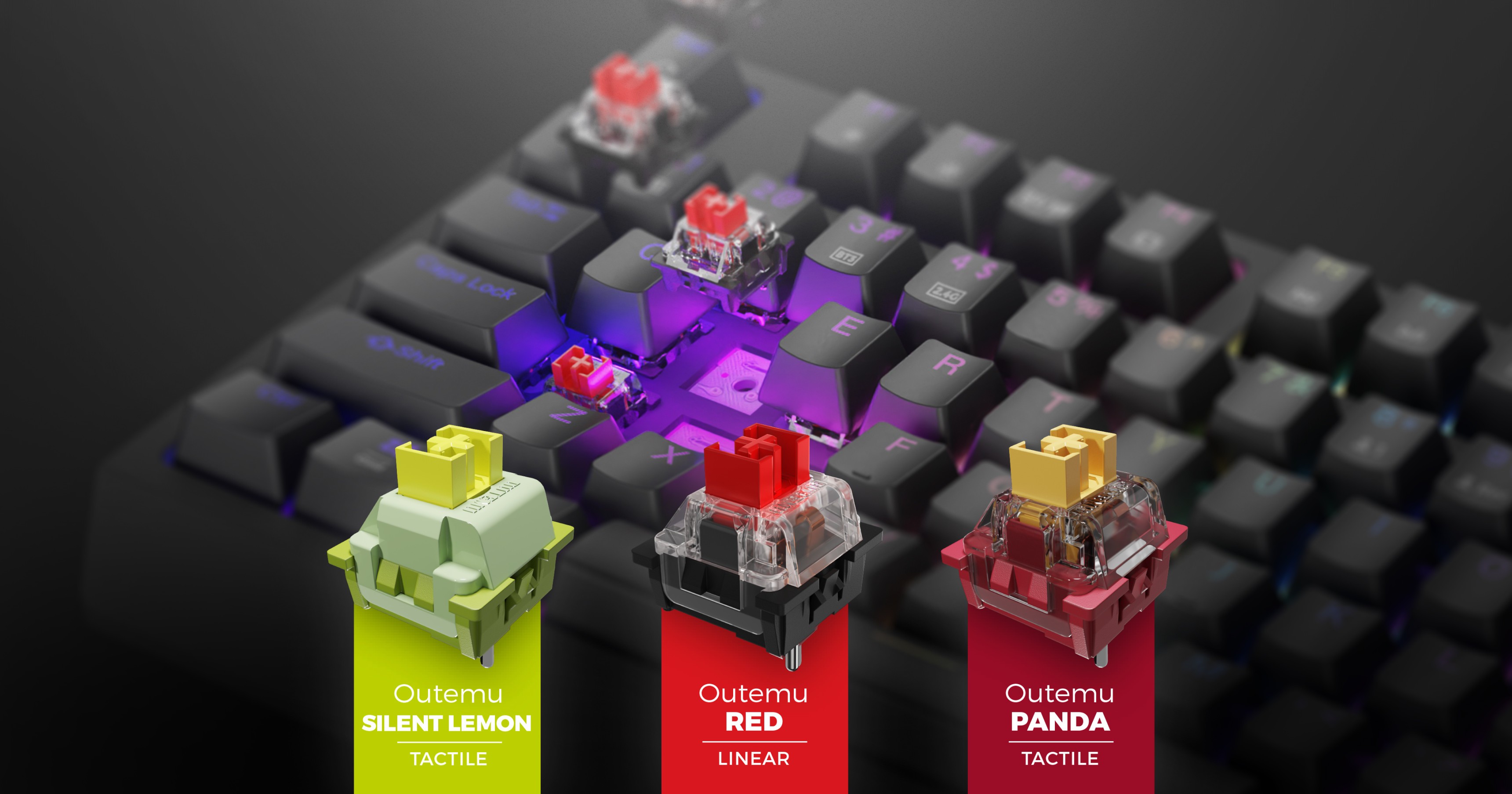 Detailní záběr herní klávesnice s přizpůsobitelným osvětlením RGB a třemi typy spínačů Outemu: Silent Lemon, Red a Panda.