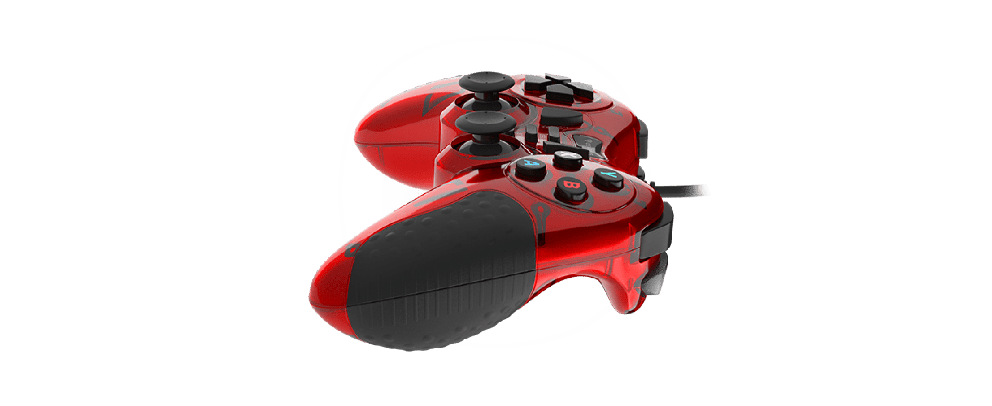 Červený drátový gamepad pro PC s mnoha tlačítky a ergonomickými úchyty, navržený pro pohodlné hraní a ovládání.