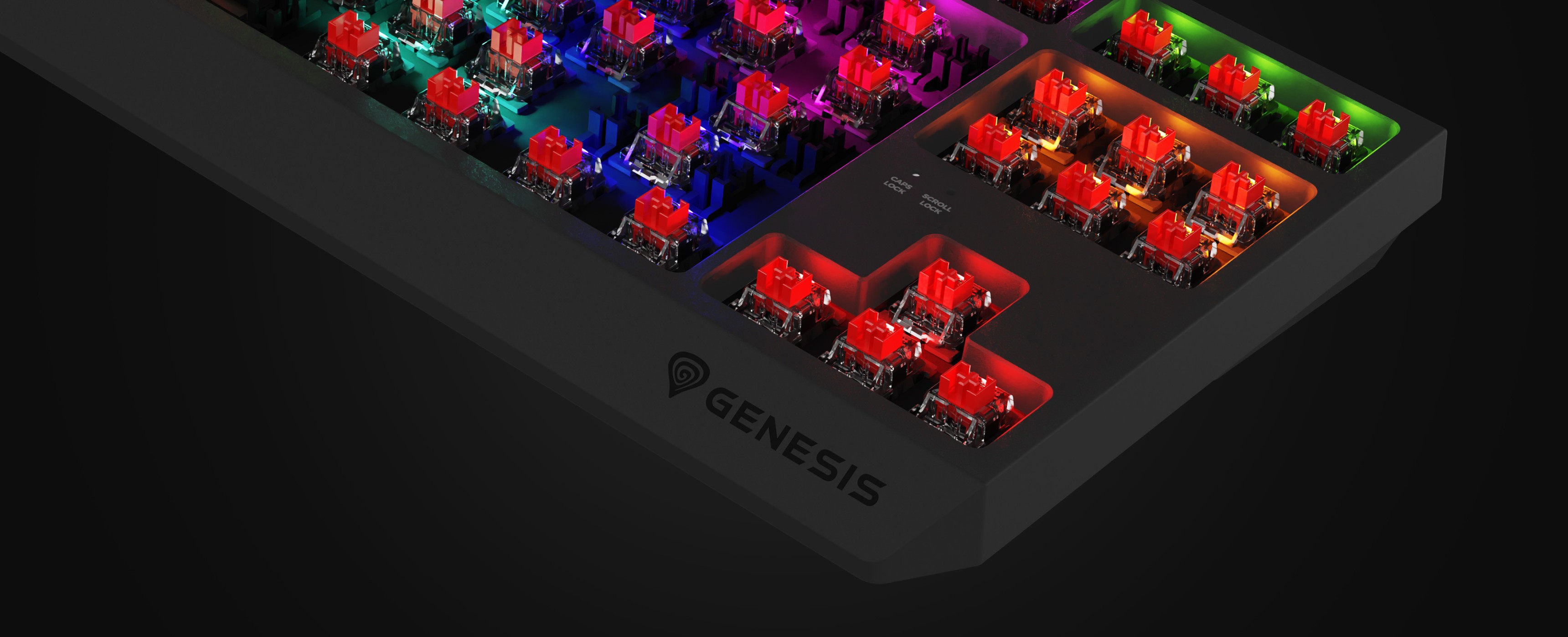 Mechanická herní klávesnice s barevným osvětlením RGB a červenými spínači Outemu vyměnitelnými za provozu, s kompaktním designem TKL