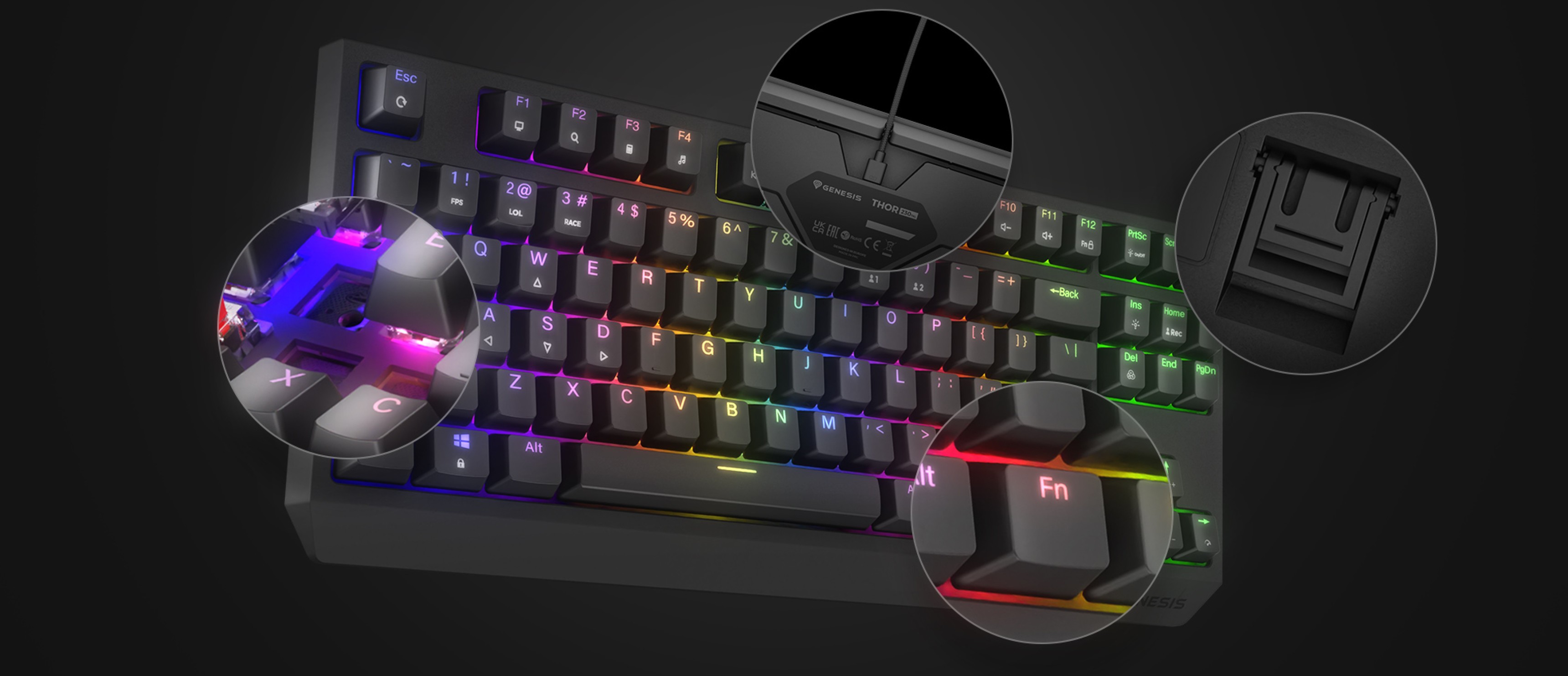 Mechanická herní klávesnice s přizpůsobitelným osvětlením RGB, hot-swap spínači kláves a kompaktním rozložením TKL
