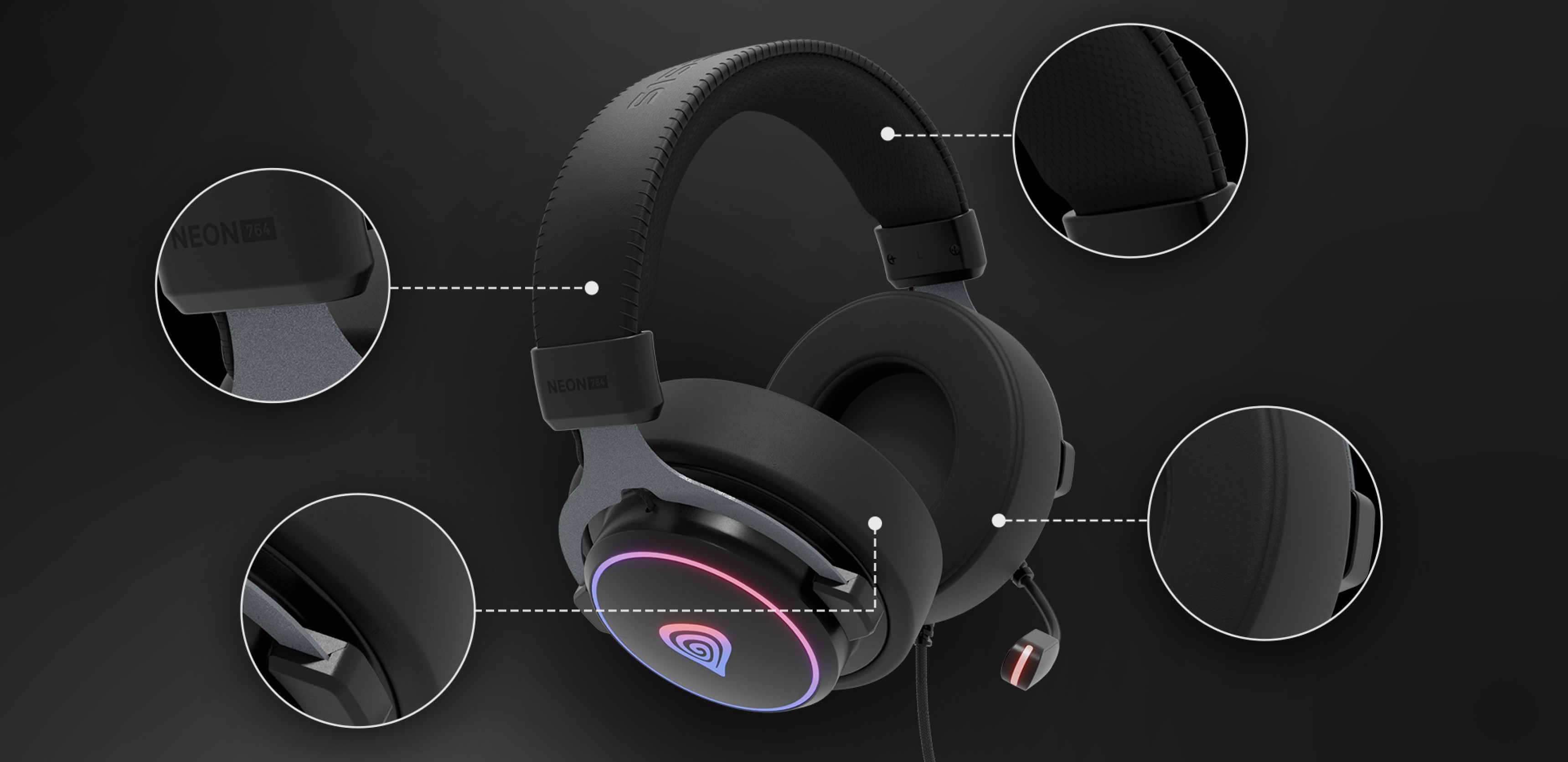 Černá kabelová sluchátka Genesis Neon 764 RGB s nastavitelnými náušníky, mikrofonem a osvětlenými akcenty