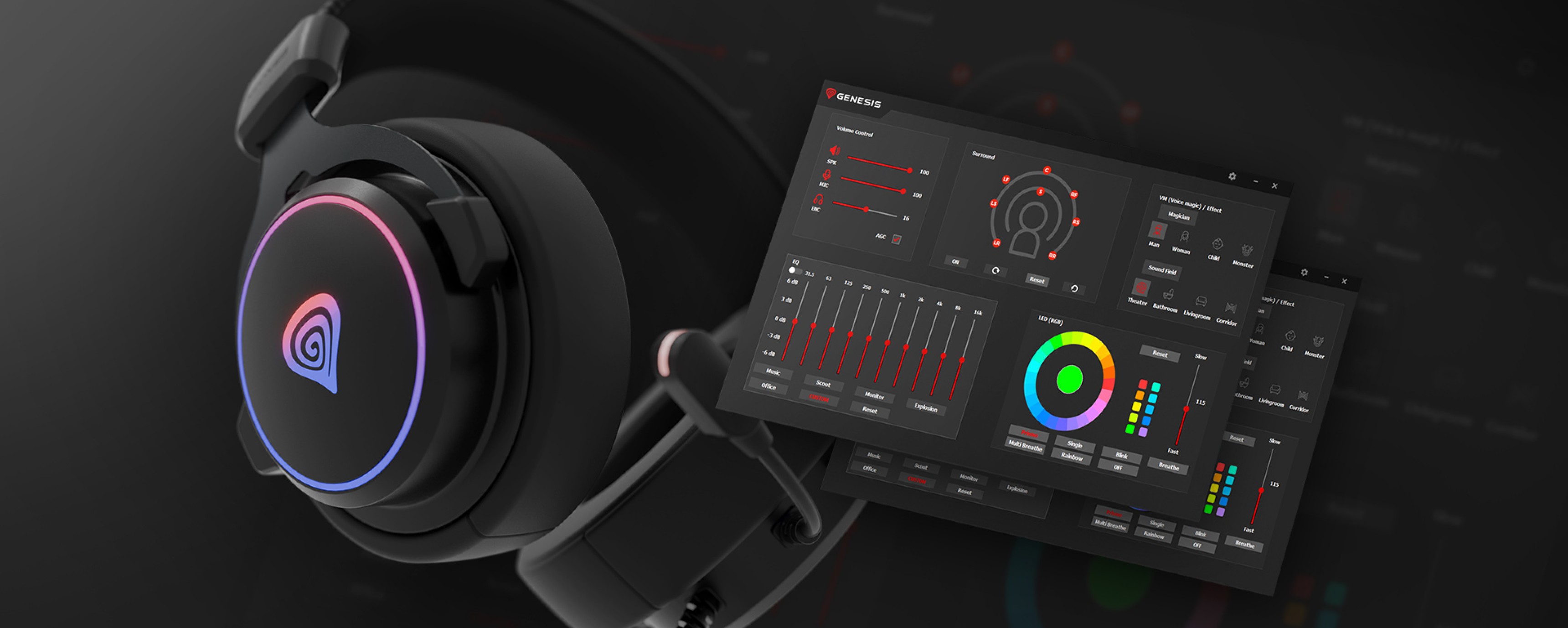 Černá sluchátka přes uši Genesis Neon 764 RGB s mikrofonem, s přizpůsobitelným osvětlením RGB a doprovodným softwarovým rozhraním.