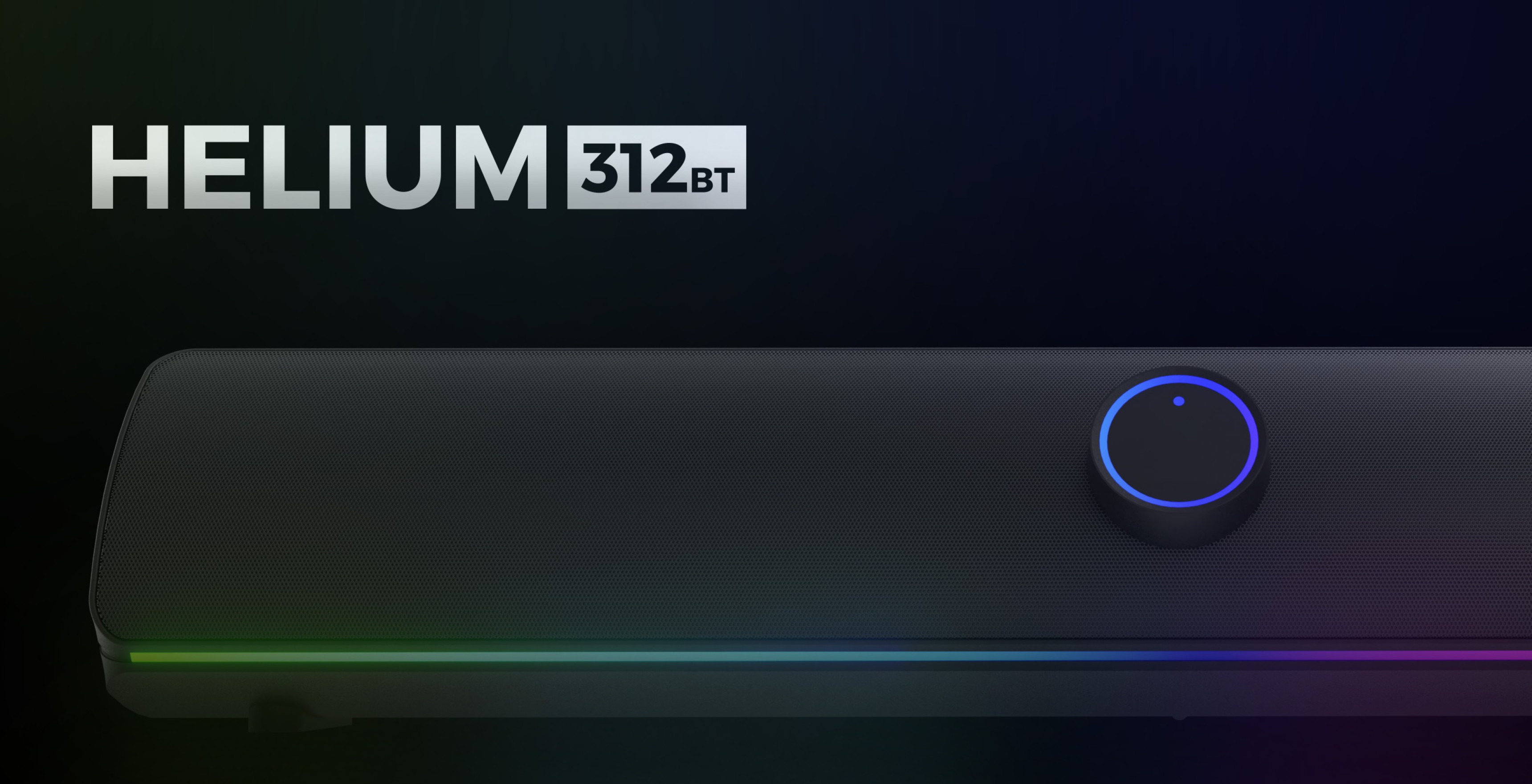 Černý soundbar Bluetooth s elegantním designem, centrálním ovládacím knoflíkem a decentním LED osvětlením.