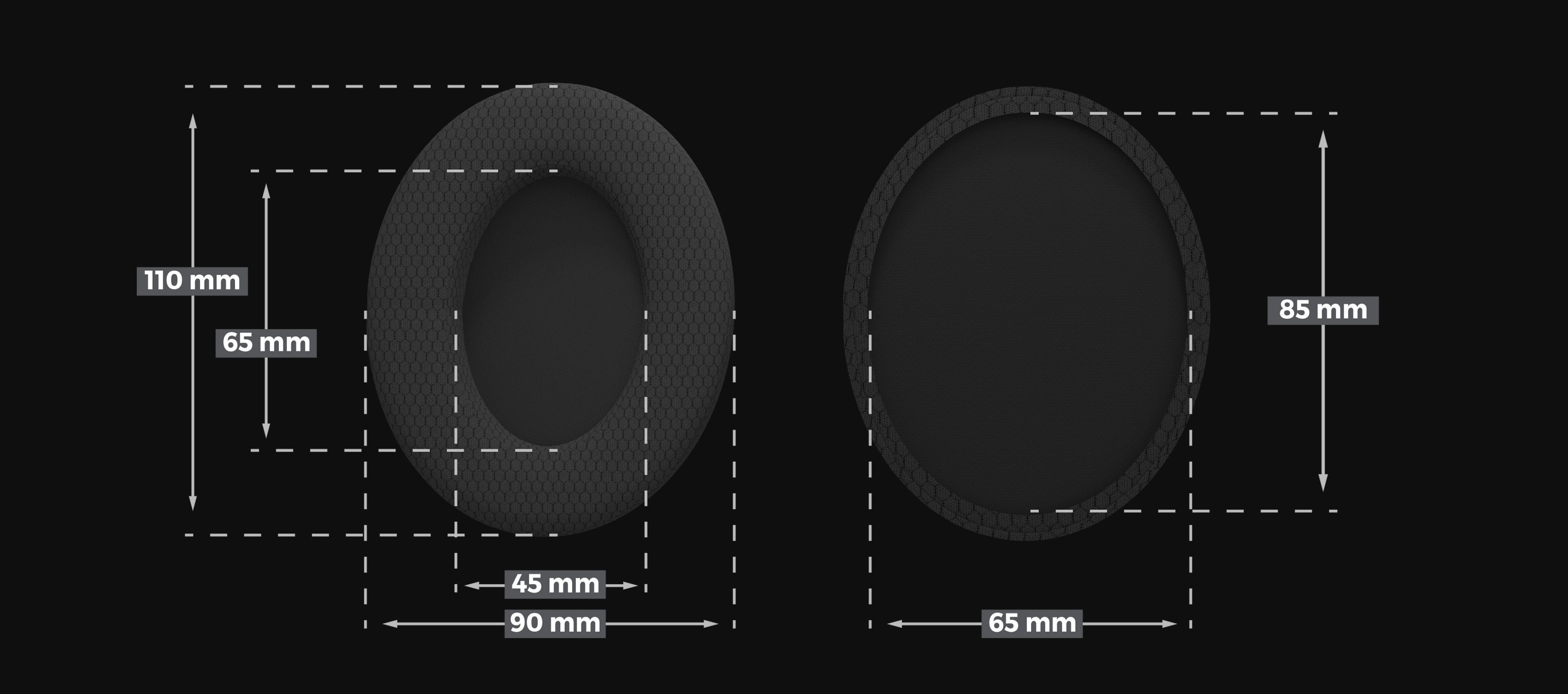 Textilní náušníky pro sluchátka Genesis Toron EP02 s detailními rozměry a elegantním designem