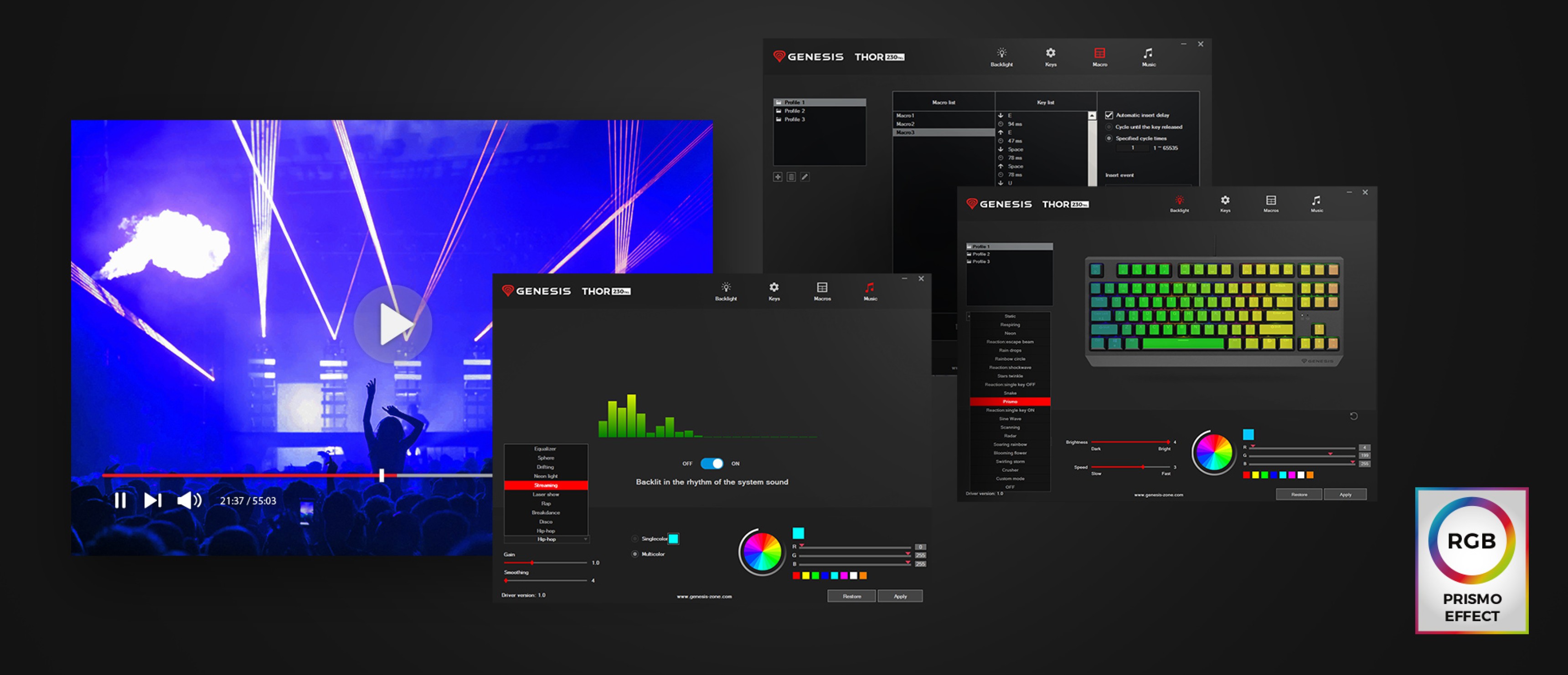 Softwarové rozhraní klávesnice zobrazující možnosti přizpůsobení RGB a profily pro mechanickou klávesnici Genesis Thor 230 TKL