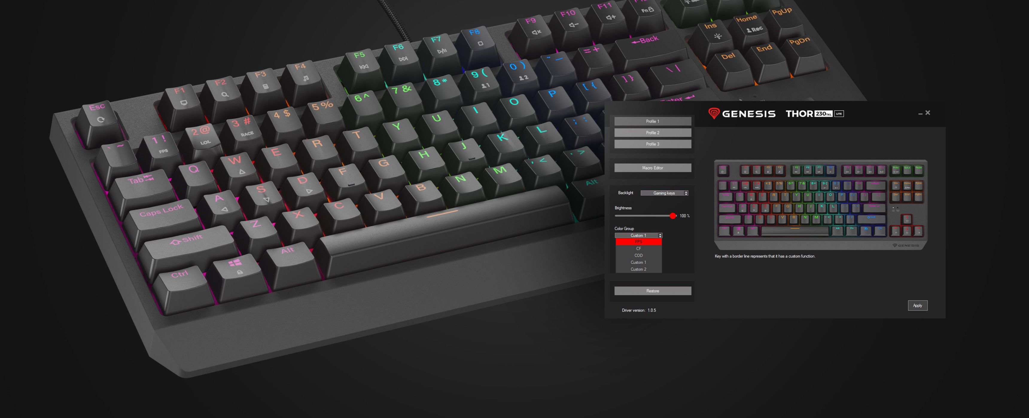 Mechanická herní klávesnice Genesis Thor 230 TKL Lite s přizpůsobitelným osvětlením RGB a zobrazeným softwarovým rozhraním