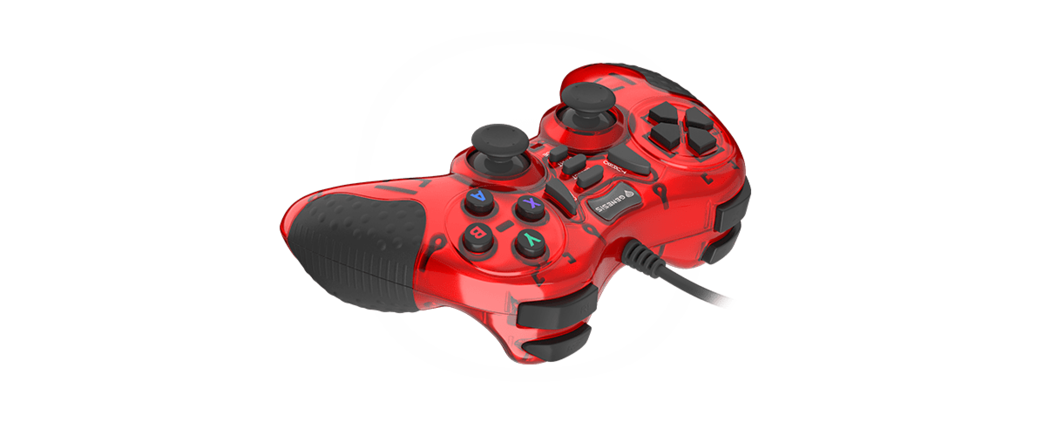 Drátový červený gamepad pro PC s joystickem, tlačítky a ergonomickými úchyty
