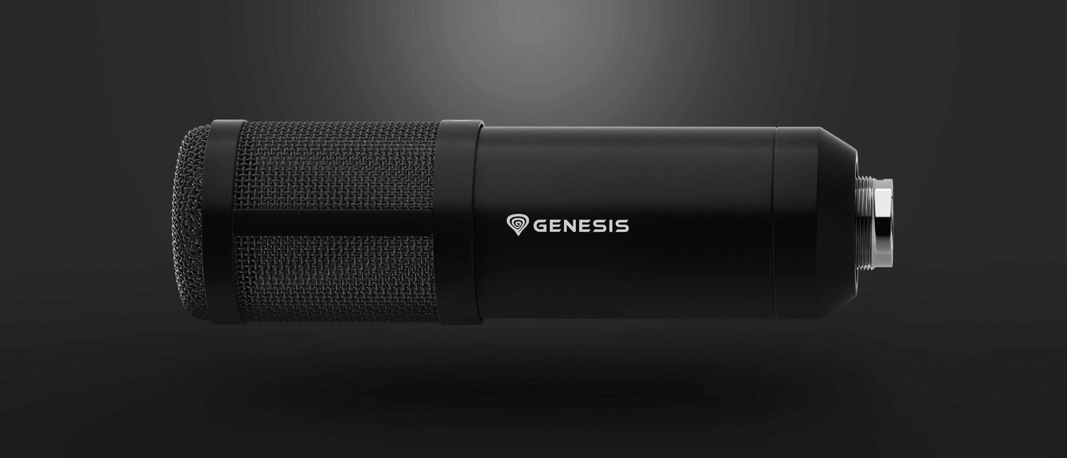 Černý studiový mikrofon se síťovanou mřížkou a logem Genesis, určený pro profesionální nahrávání zvuku.