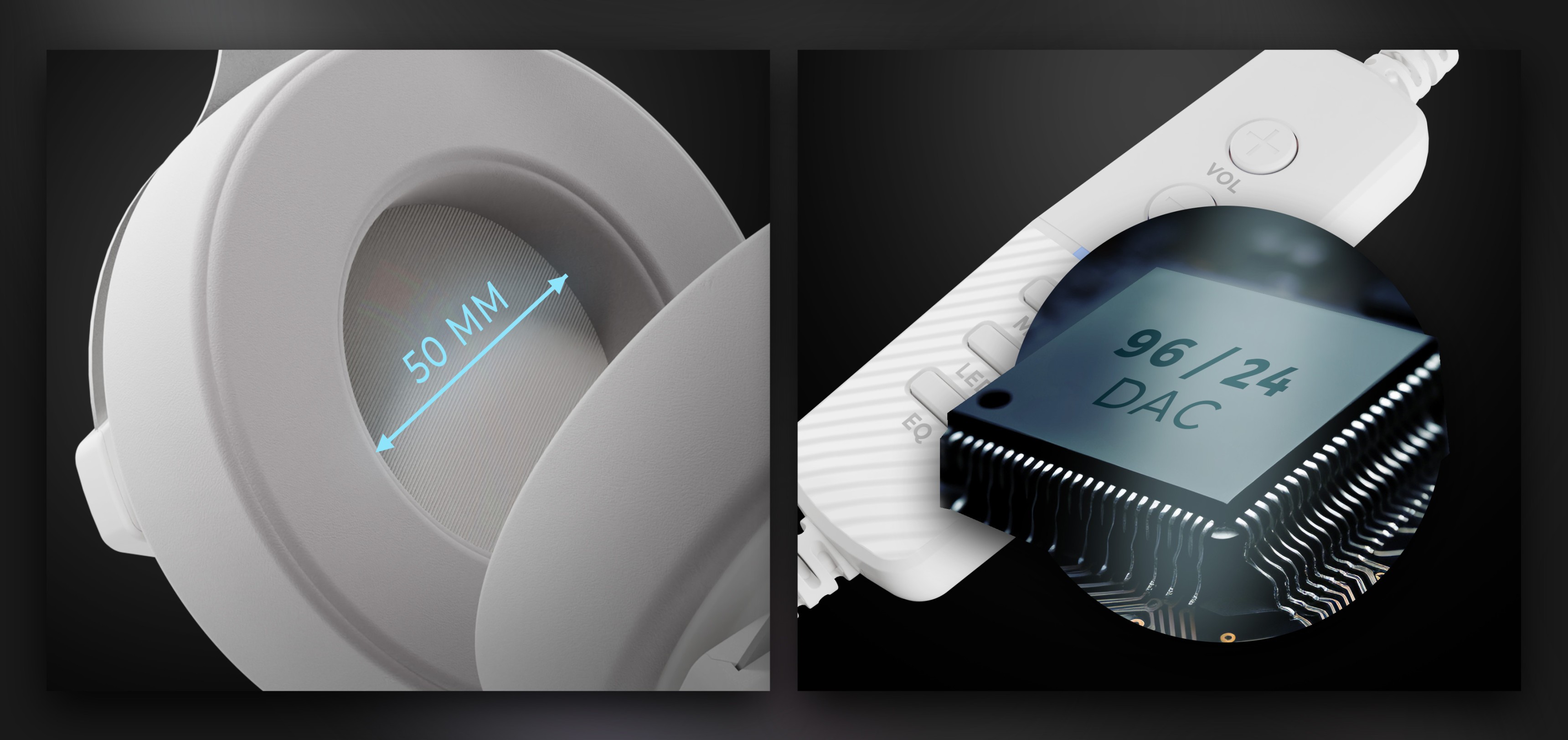 Detailní záběr na sluchátka Genesis Neon 764 RGB s 50mm reproduktorem a D/A převodníkem pro vysoce kvalitní zvuk