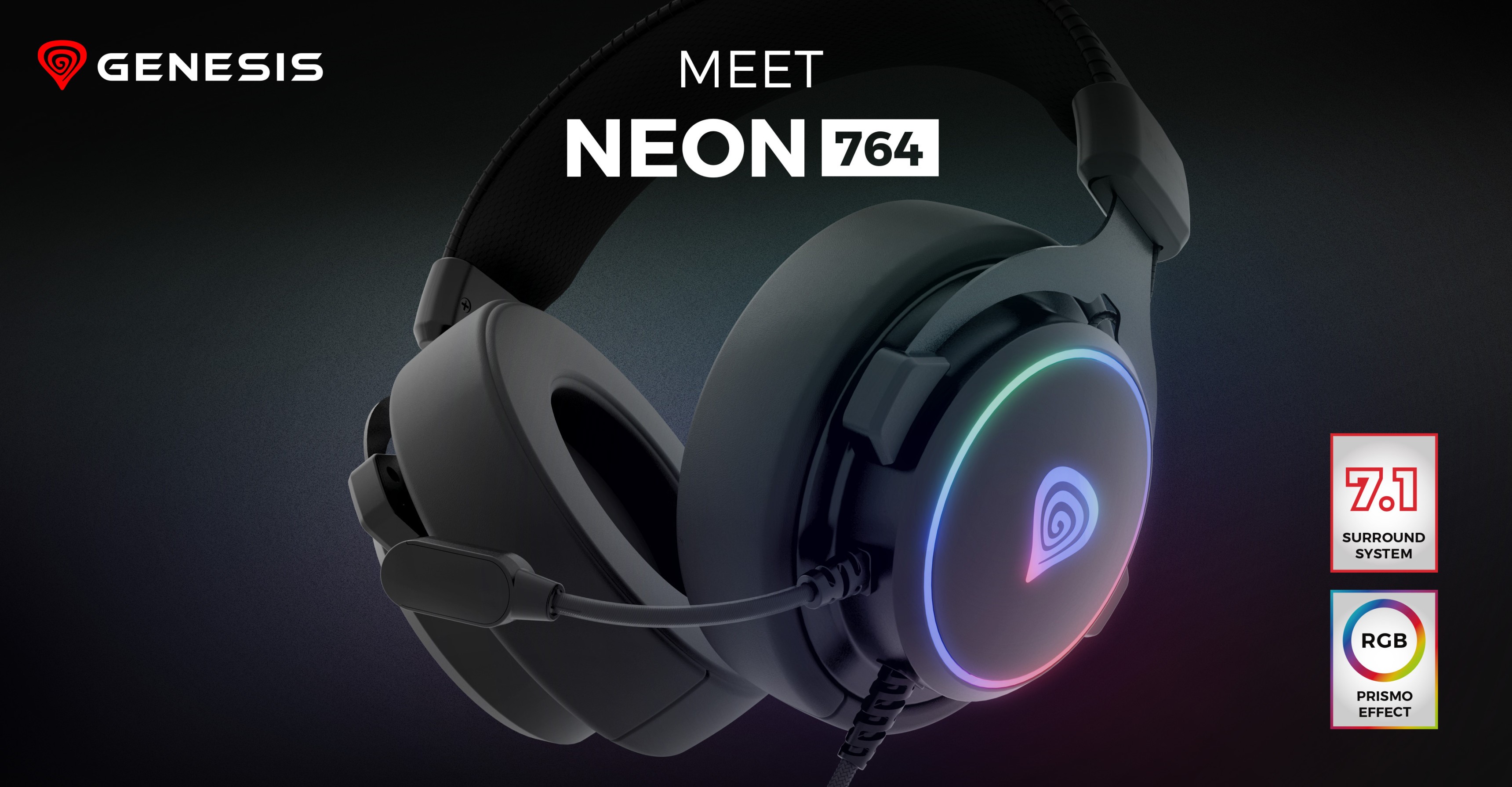 Černá sluchátka Genesis Neon 764 RGB s mikrofonem, s barevným osvětlením a stylovým designem