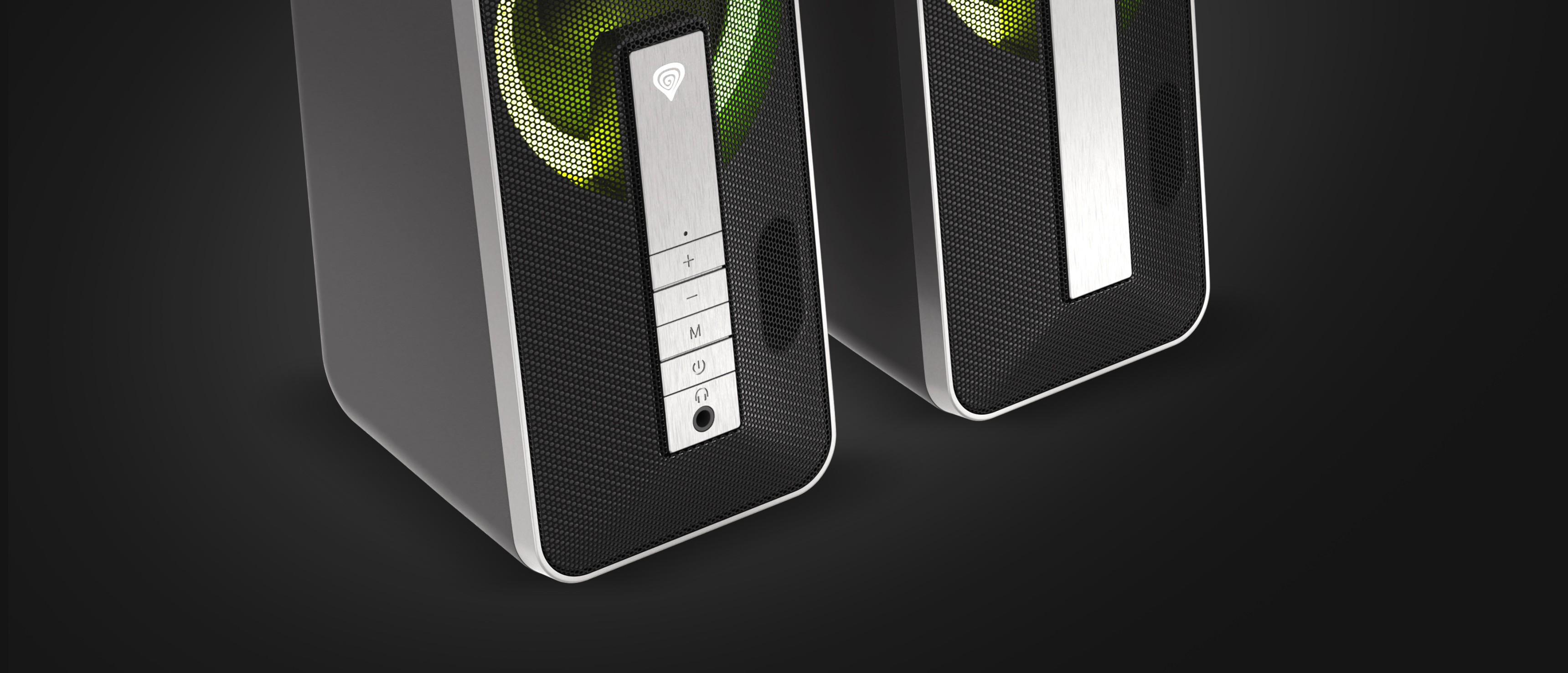 Černé reproduktory Bluetooth s osvětlením RGB a ovládacími tlačítky na přední straně s moderním designem