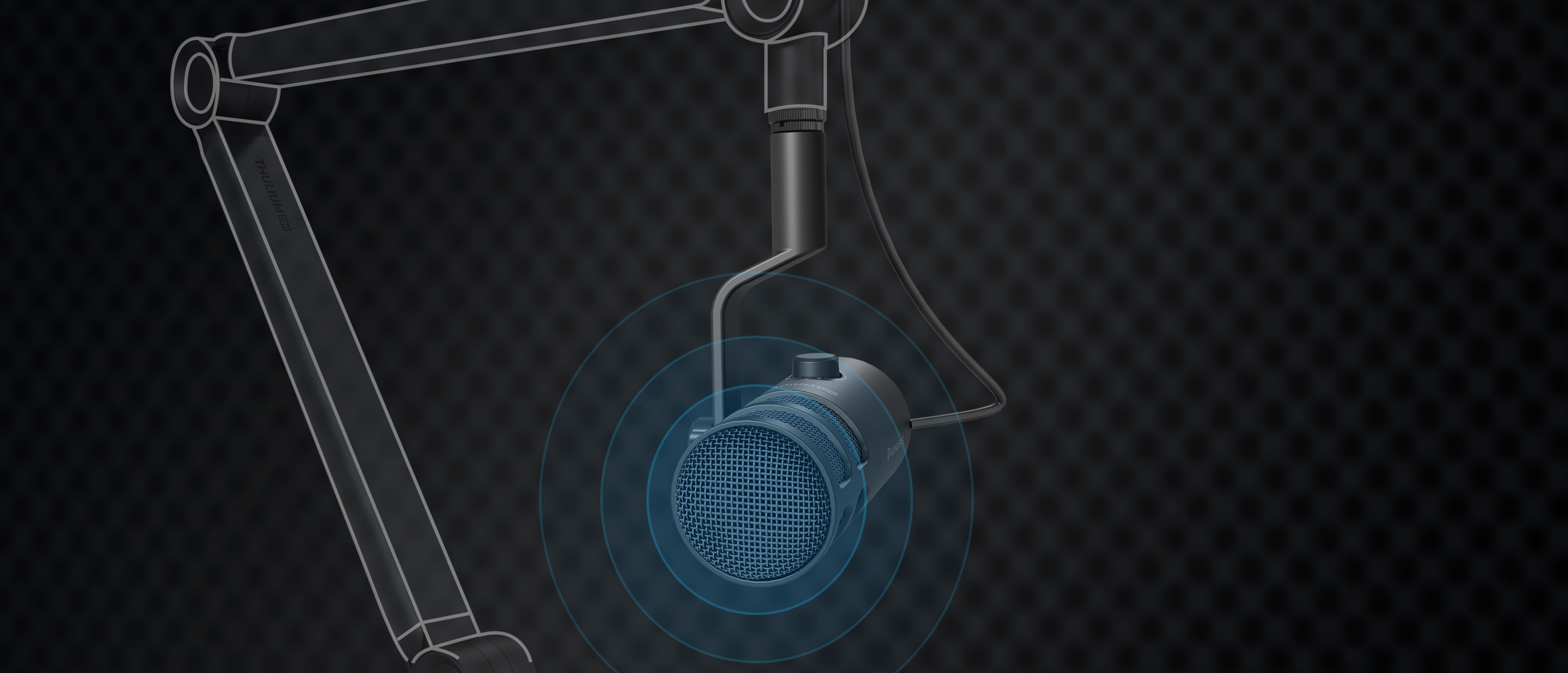 Dynamický USB mikrofon MIKROFON GENESIS RADIUM 350D, předvedený s vizuálním znázorněním jeho montážního ramene