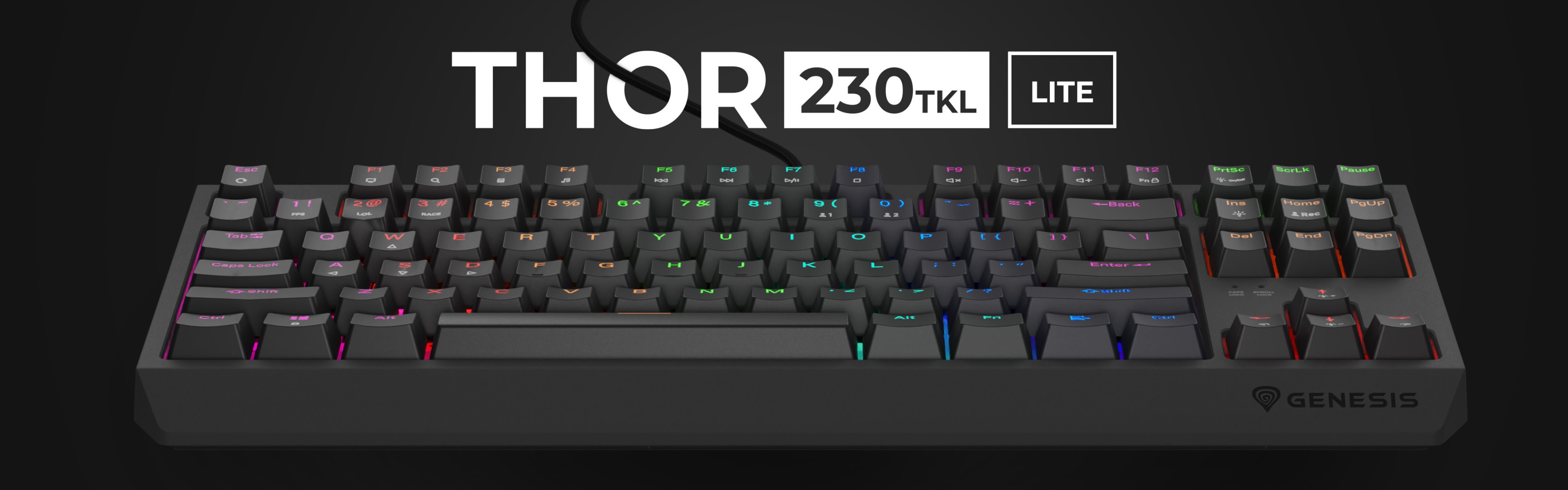 Kompaktní herní klávesnice s přizpůsobitelným podsvícením RGB, mechanickými spínači Outemu Red a konstrukcí vyměnitelnou za provozu.