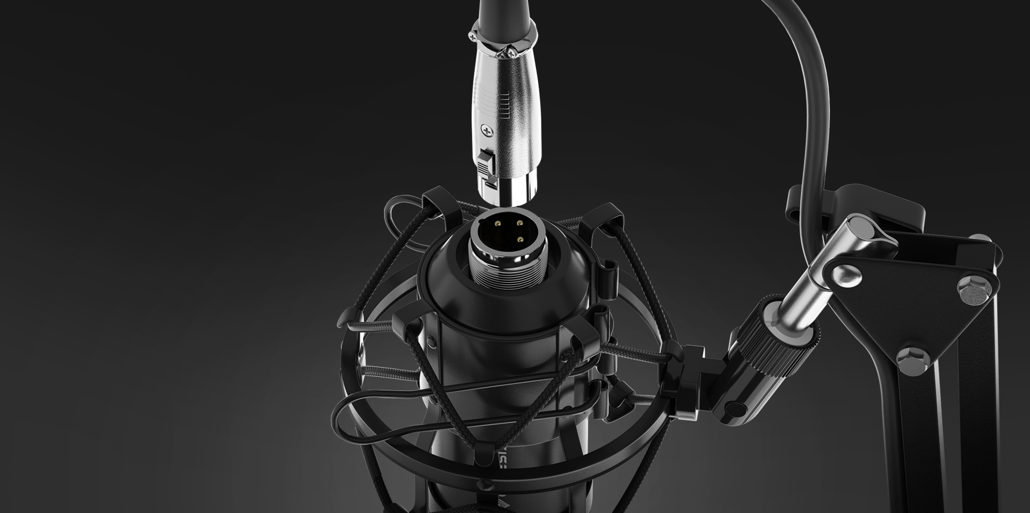 Detailní záběr studiového mikrofonu Genesis Radium 300 s konektorem XLR a pop filtrem, upevněného na robustním rameni.