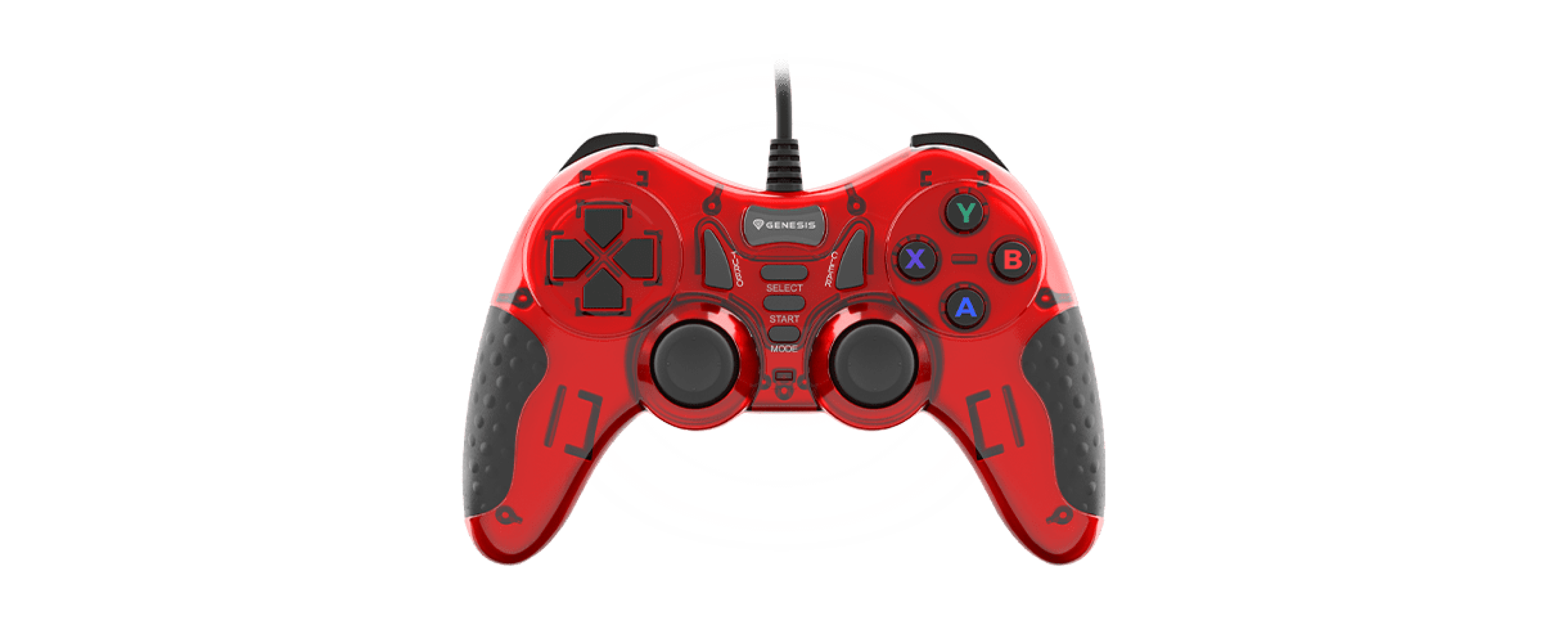 Drátový gamepad Genesis Mangan 200 pro PC v červené barvě, se dvěma analogovými páčkami a různými ovládacími tlačítky