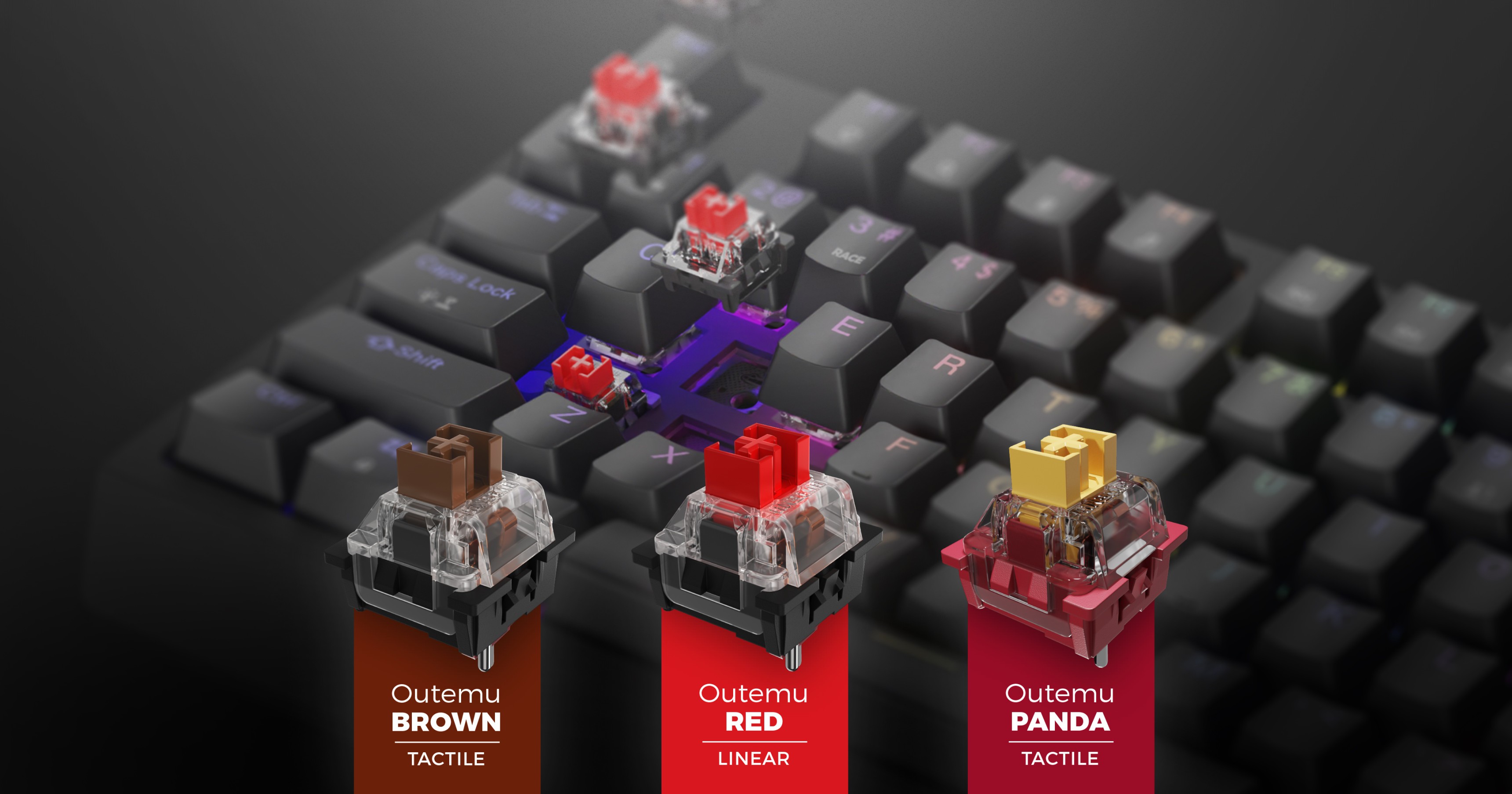 Detail mechanické klávesnice se spínači Outemu Red, pod nimiž jsou vizuální ikony pro spínače Brown a Panda